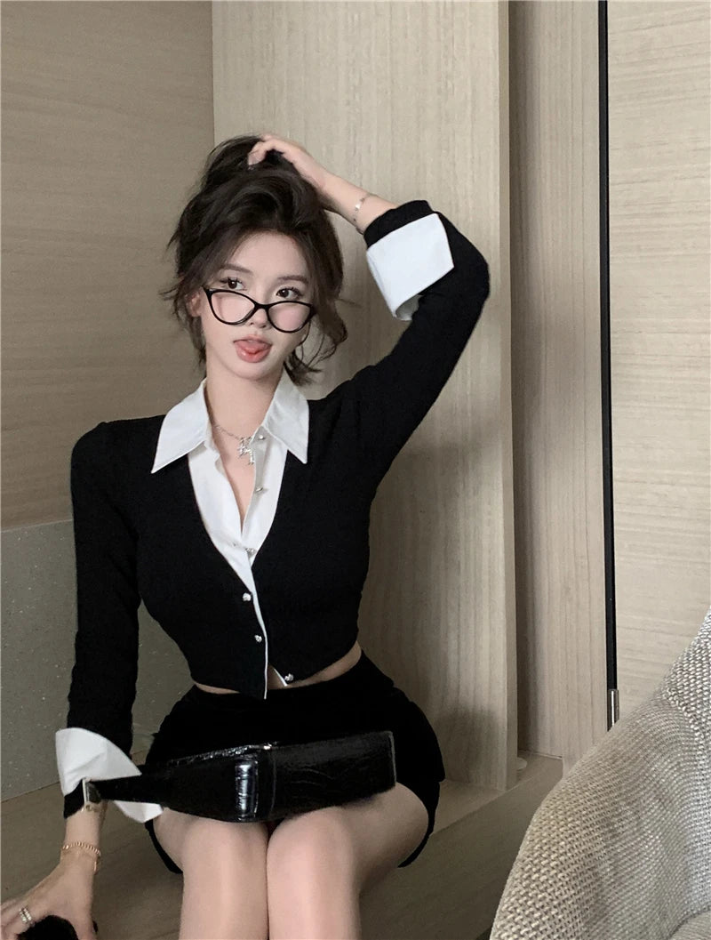 T-shirts Women Minimalist Sexy Aesthetic Delicate Panelled Patchwork All-match Female Clothing Fake Two Pieces Knitted Advanced