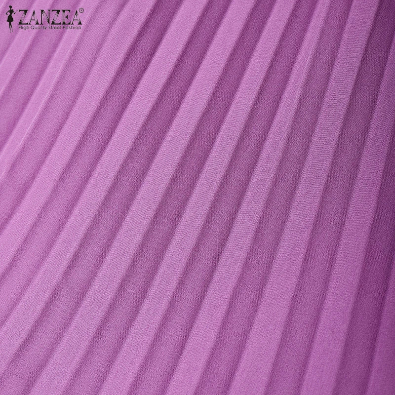 Elegant V Neck Office Work Dresses ZANZEA Women 2025 Summer Dress Solid Pleated Sundress Short Sleeve A Line Party Vestidos Robe