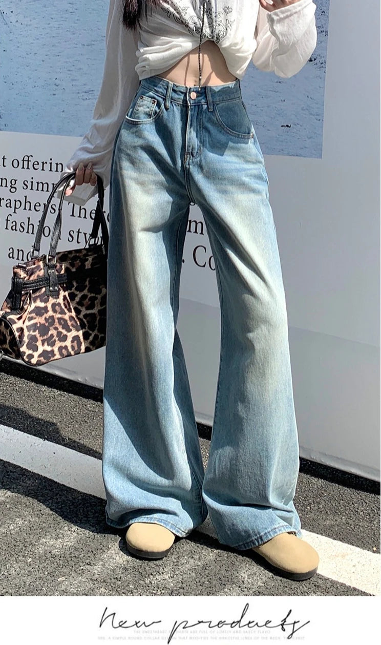 Womens Jeans Denim Pants 2025 Euramerican High Waist Girl Style Colorful Straight Leg Wide Leg Trousers