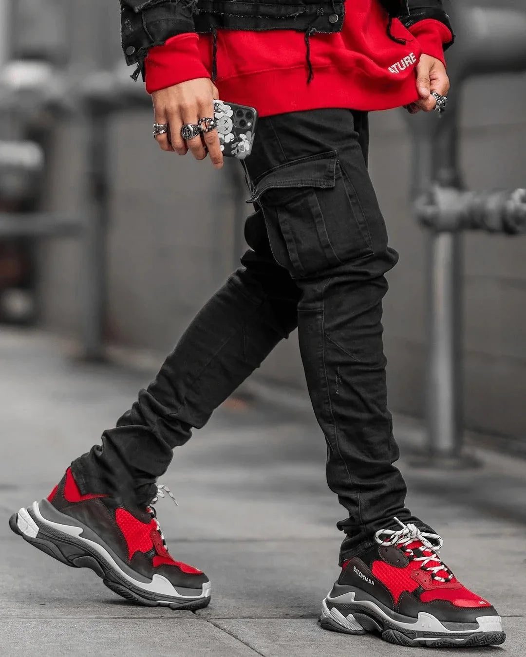 Jeans Men Black Cargo Multi Pocket Denim Pants Blue Slim Fit Overol Hombre Fashion Casual Streetwear Trousers