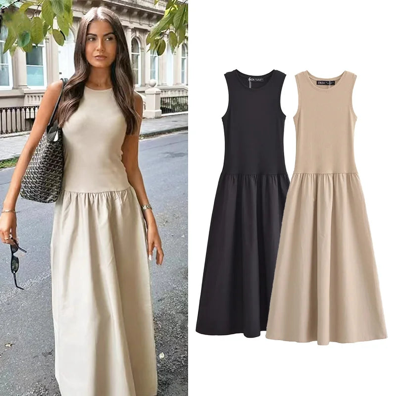 Women’s Khaki Sleeveless Long Dress Casual Party Spring 2025 Y2K Vestidos