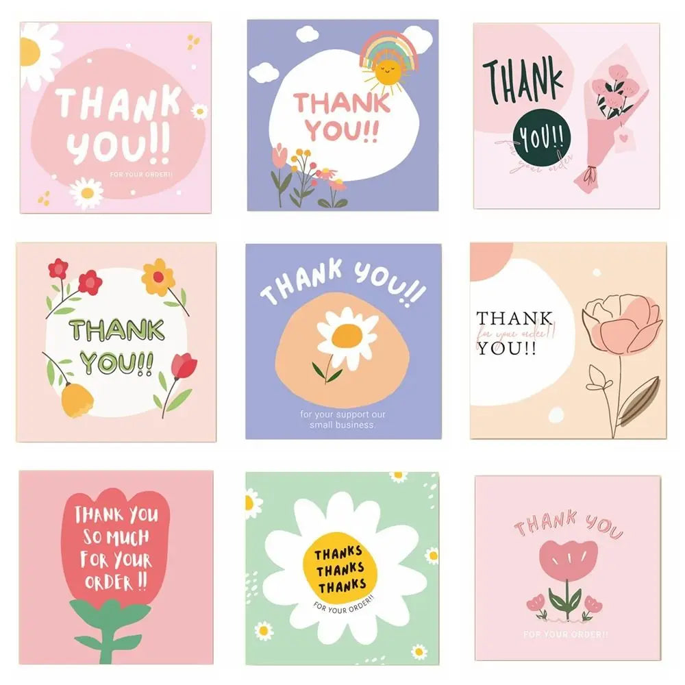 50Pcs 6cm*6cm Thank You Cards Cartoon Flower Greeting Postcards Multicolor Universal Gratitude Labels Event Ornament Home Decor