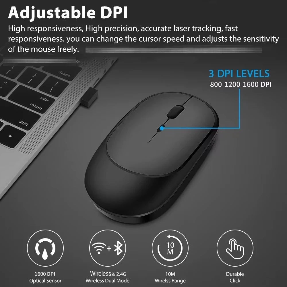 2.4G USB Wireless Mouse Rechargeable Dual Mode Bluetooth Mouse for Laptop Tablet PC MacBook