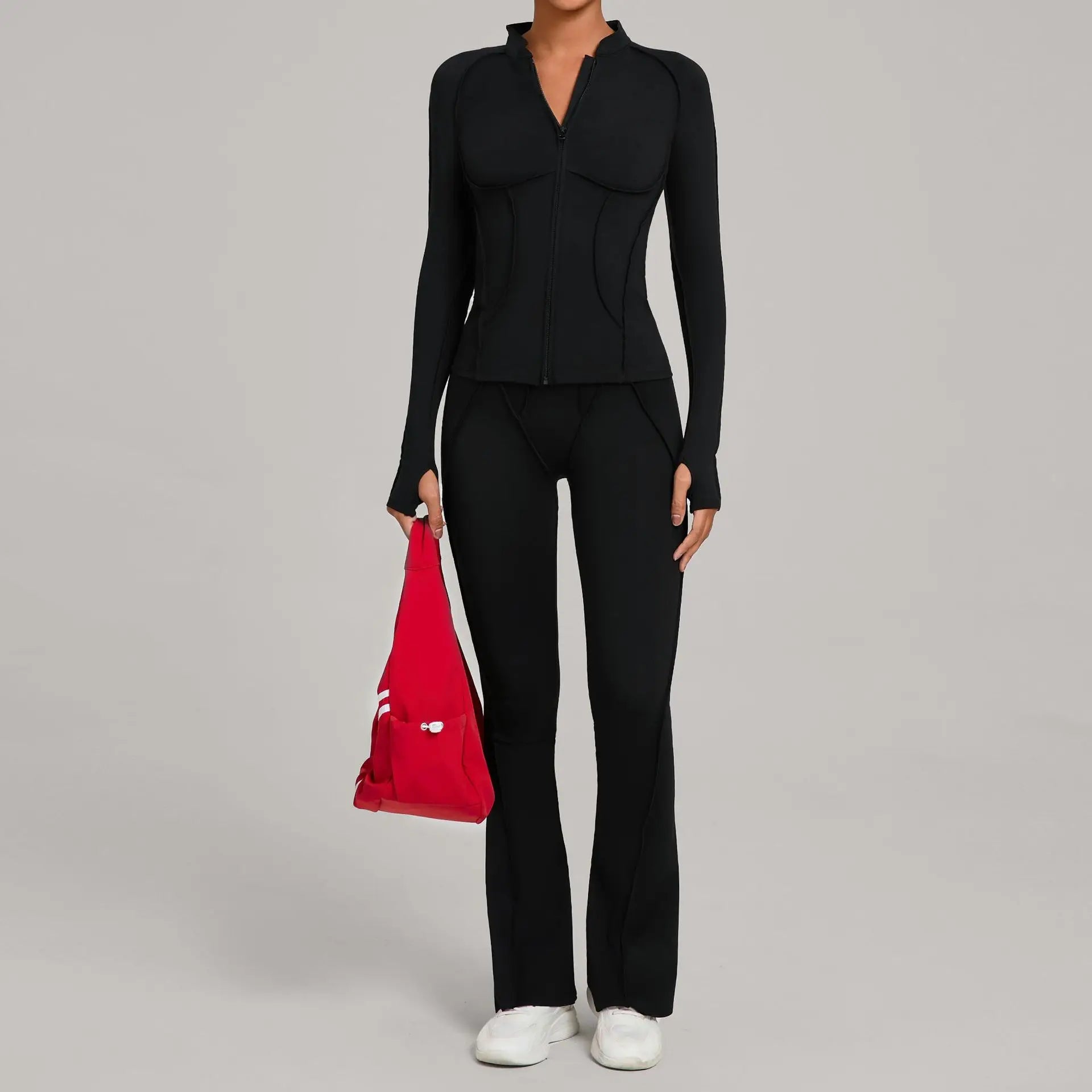 Women’s 2-Piece Zipper Gym Set - Long Sleeve Tracksuit & High-Waist Yoga Pants