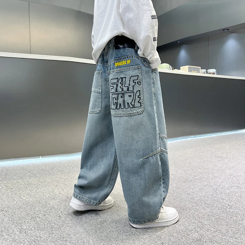 Kids Straight Wide Leg Workwear Jeans Casual Pants
