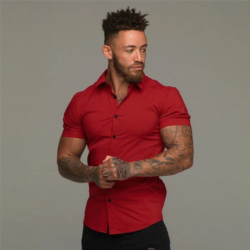 Men’s Summer Short Sleeve Slim Fit Solid Dress Shirt Business Casual Top
