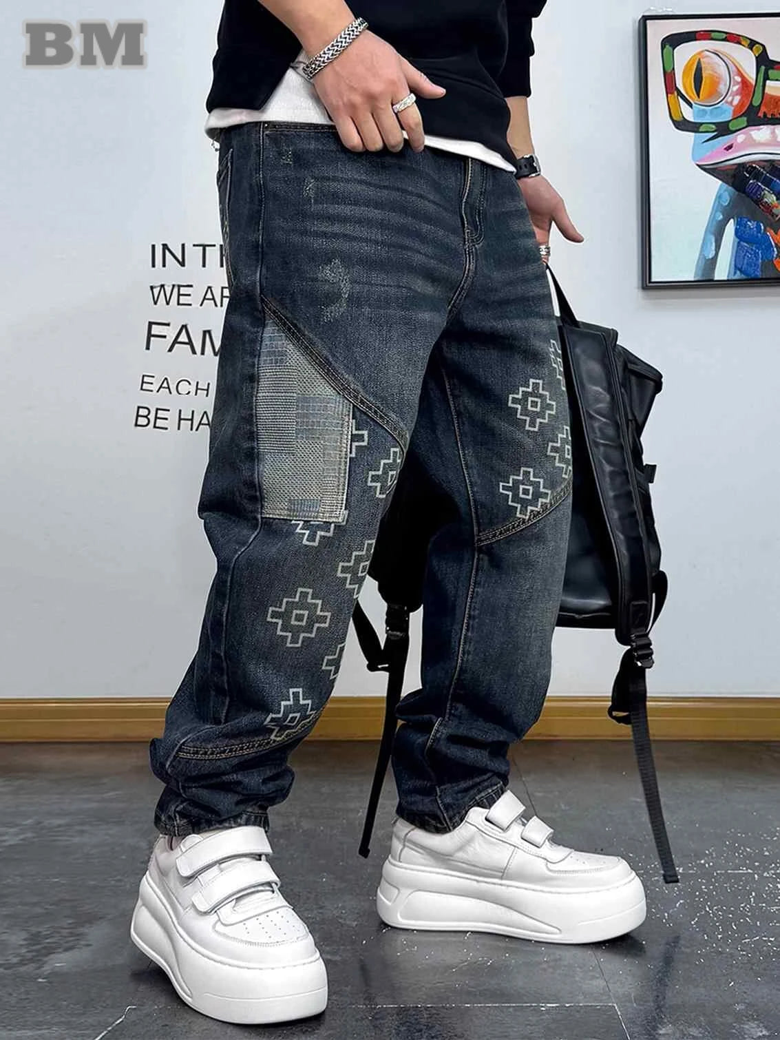 Men's Patchwork Printed Straight Leg Jeans - Vintage Distressed Streetwear Denim