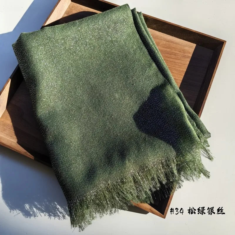 Lastest Brand Design Scarf Shiny Solid Color Shawls Rayon Fabric Gold Silk Silver Wire Head Shawl Fringe Hijab For Women
