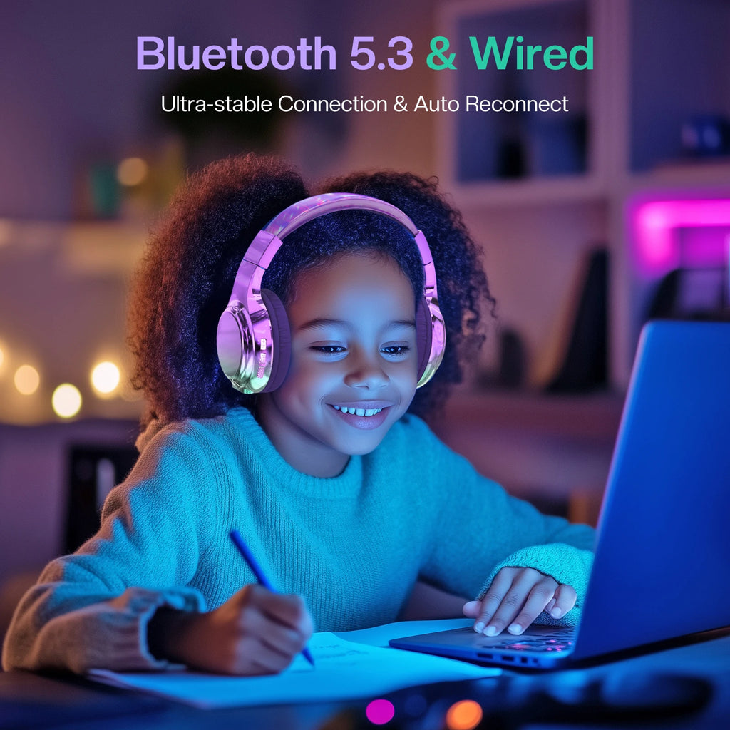 Glossy Bluetooth Headphones For Kids Girls Wireless Stereo Headset With Mic