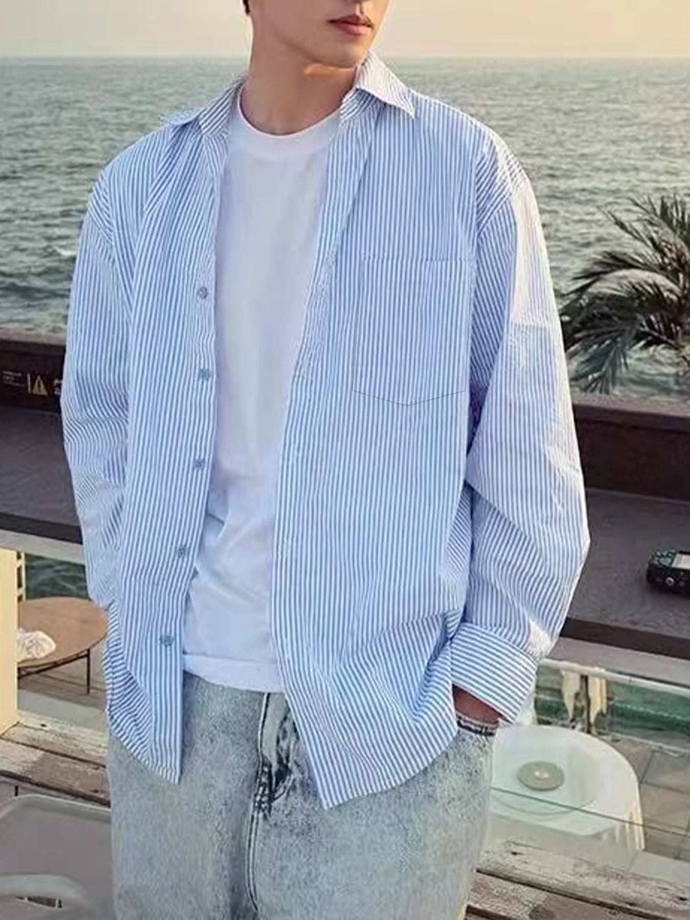 Men's Striped Shirt for Spring and Autumn, Trendy and Versatile, Niche Design, Vintage Long-Sleeve Striped Shirt