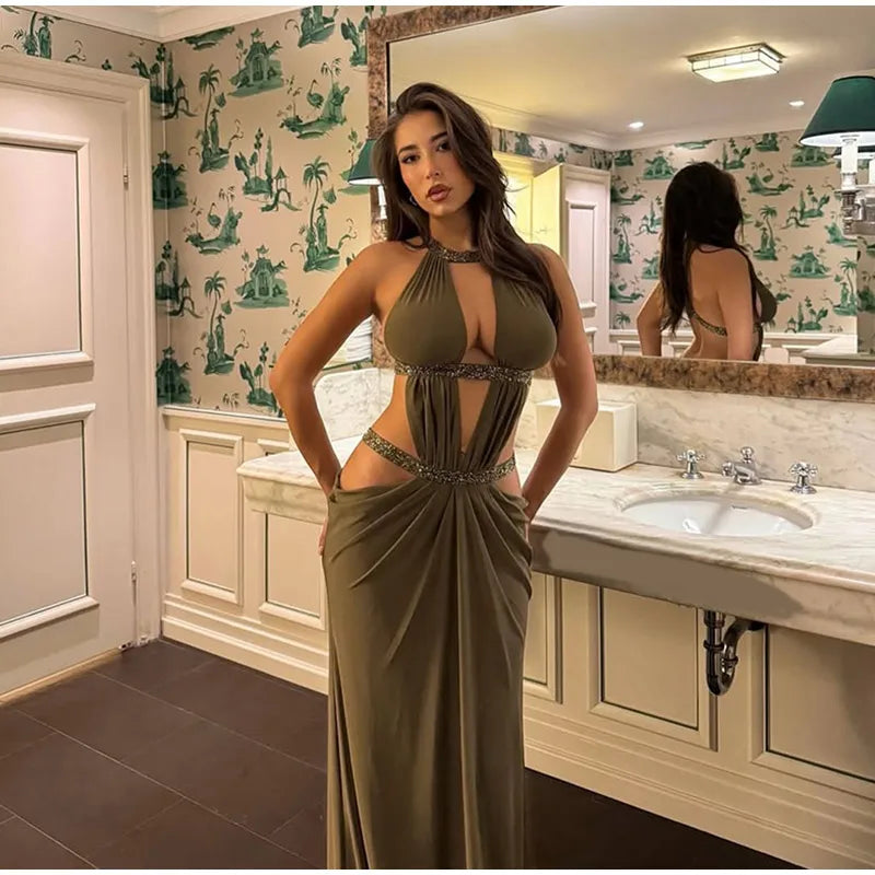 Women’s Sequin Halter Neck Sleeveless Backless Evening Maxi Dress