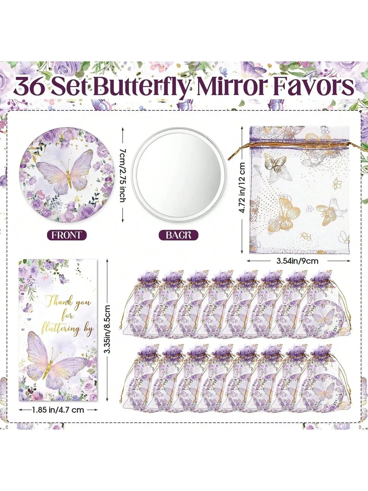 36pcs Butterfly-Themed Party Favor Set, Includes 12 Compact Mirrors, 12 Thank You Cards, 12 Organza Bags, No Electricity Needed,