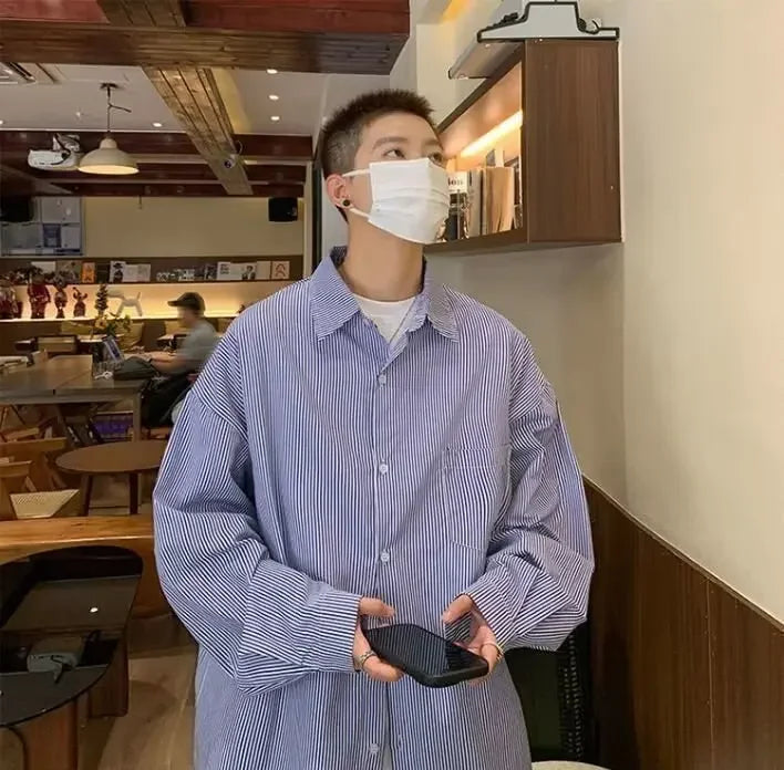 Men's Long Sleeve Oxford Cloth Shirt - Casual Striped Workwear Jacket Style