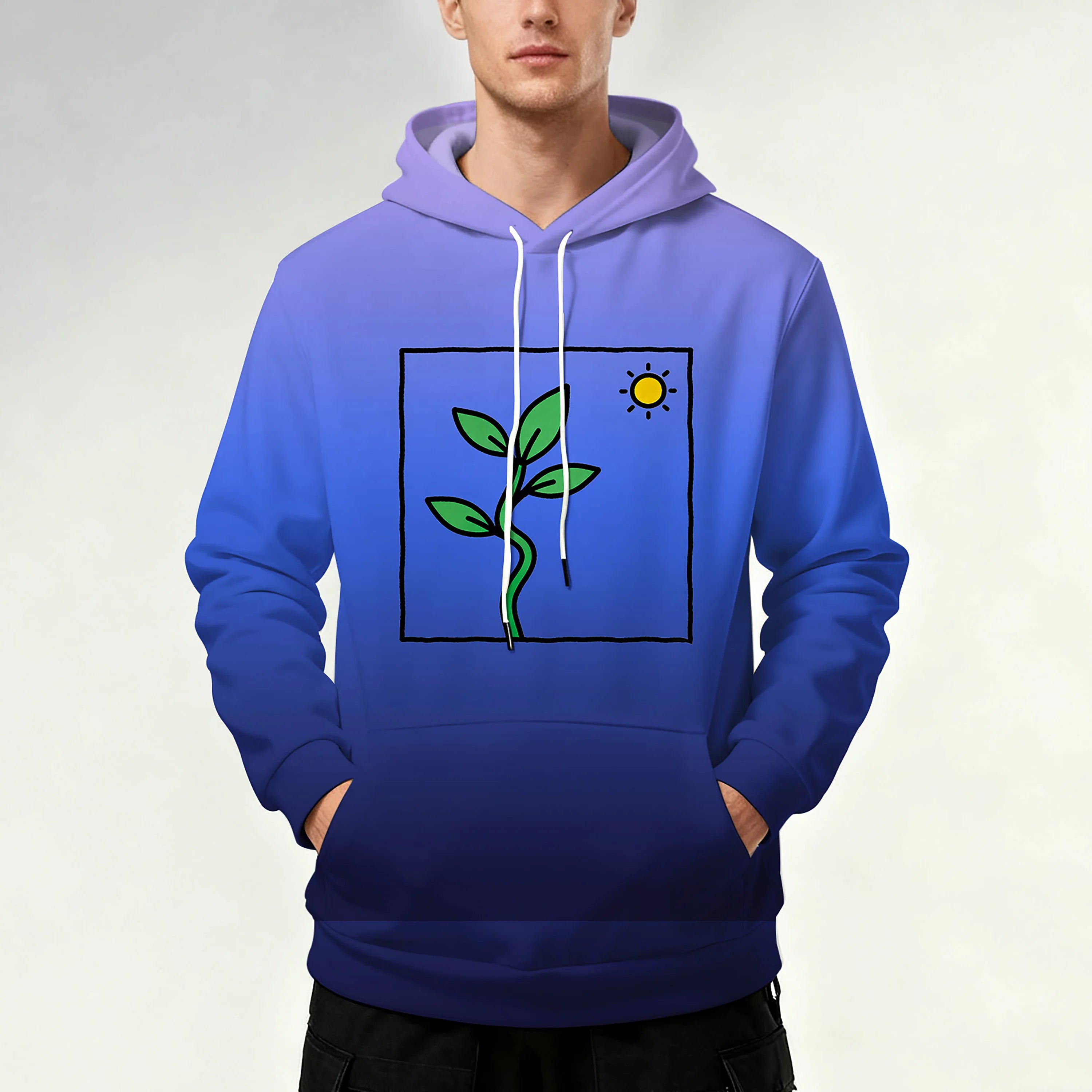 Men's hooded sweatshirt with drawstring pockets, sporty and stylish design with leaf pattern.
