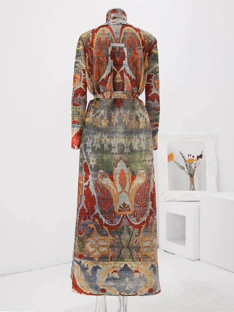 LANMREM Fashion Designer Print Pleated Windbreaker Women Scraf Collar Belt Gathered Waist Contrast Color 2024 New Coat 32C1261 - trendingshoping.com