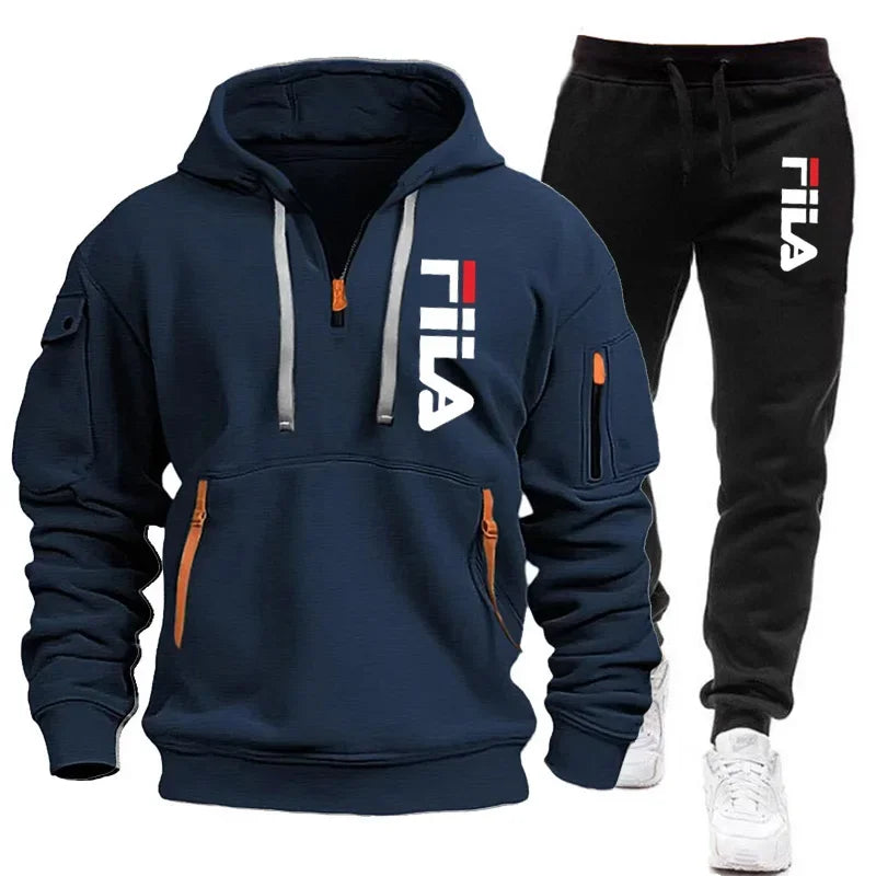 FILA 2026 Men's Autumn Winter Hoodie & Pants Set – Two-Piece Pullover Sportswear, Outdoor Multi-Pocket Sweatshirt