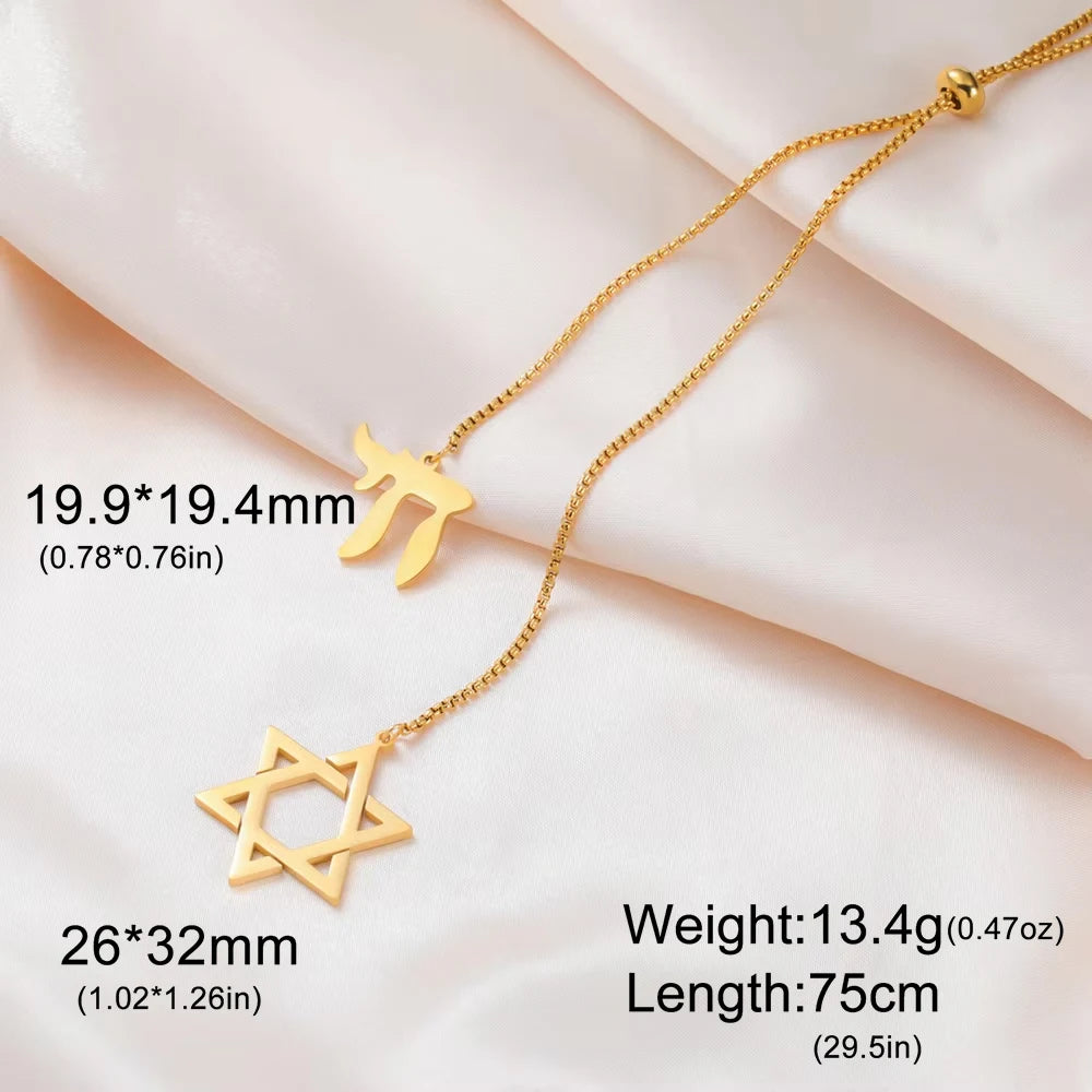 Dawapara Star of David and Jewish Hebrew Chai Pendant Long Necklace Sweater Chain Hexagram Judaism Stainless Steel Jewelry