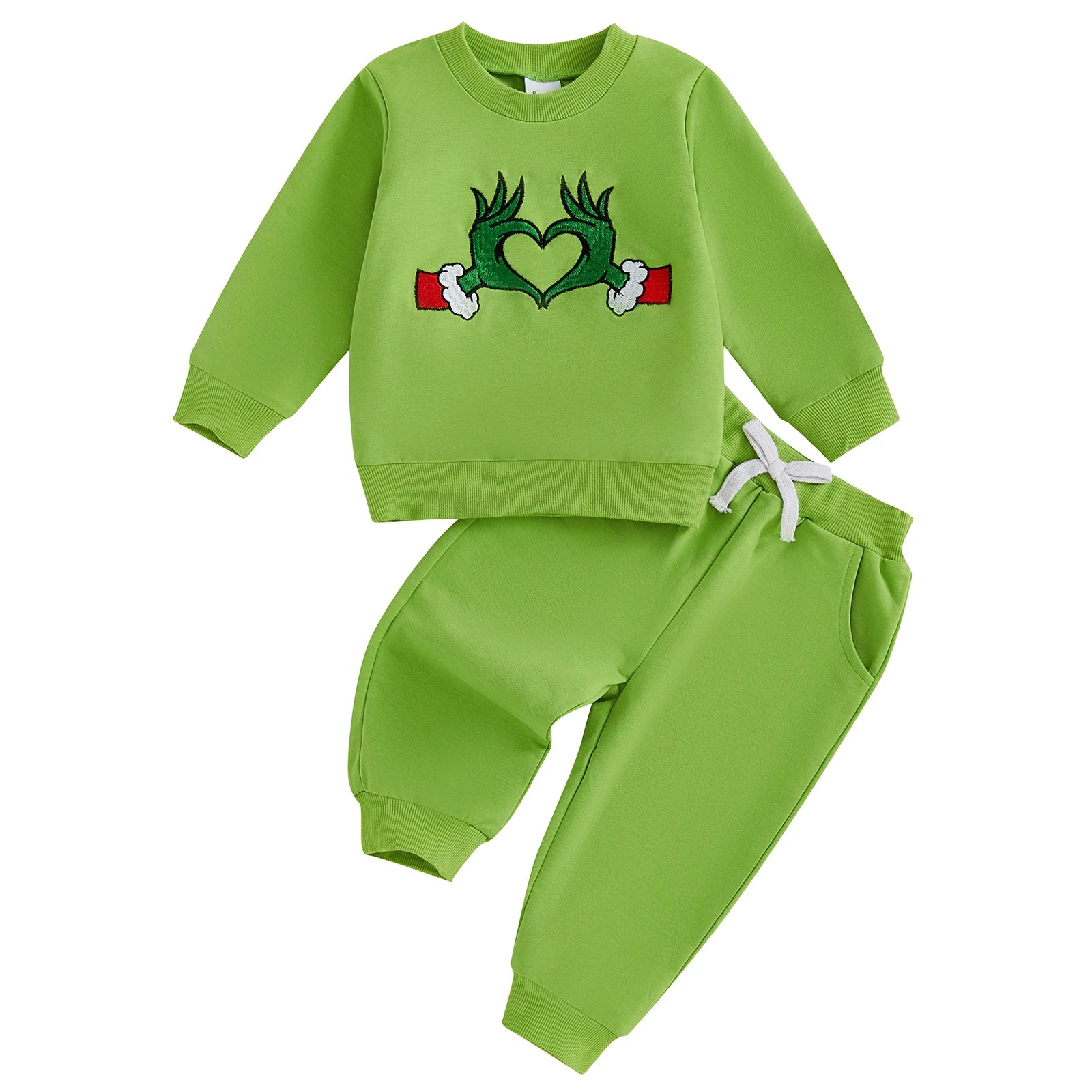 Baby Boy Girl Christmas Outfit Green Monster Long Sleeve Sweatshirt Solid Long Pants 2 Piece Set
