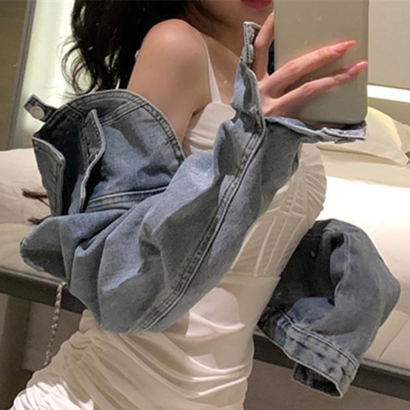 Women Cropped Denim Jacket Single Button Vintage Casual Streetwear Spring Fashion