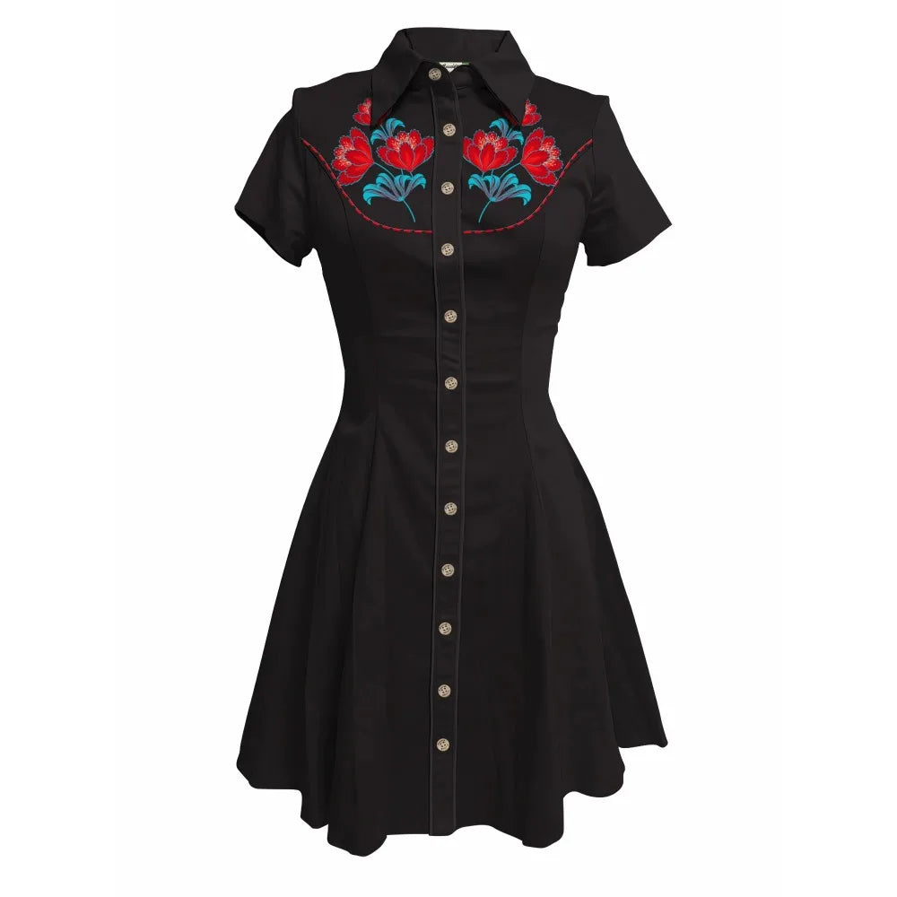 Western Vintage Flower Printed Western Cowboy Dress Women Button-down Dress Short Sleeves 100% Cotton Dress Summer Streetwear