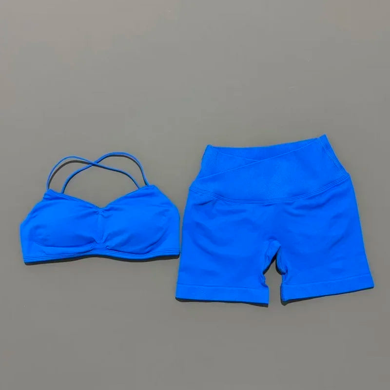 Women’s Seamless Workout Set - High Waist Scrunch Shorts & Crop Bra - 2PC Gym Suit