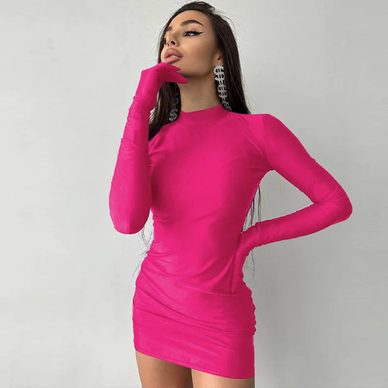 Women’s Solid Long Sleeve Bodycon Mini Dress with Gloves Half Turtleneck Party Y2K