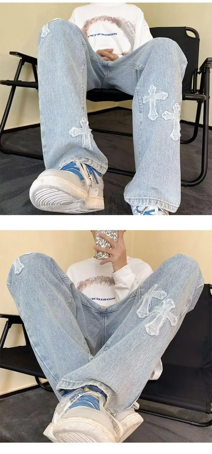 Mens Straight Loose Denim Jeans Cross Embroidery Black Blue Casual Pants