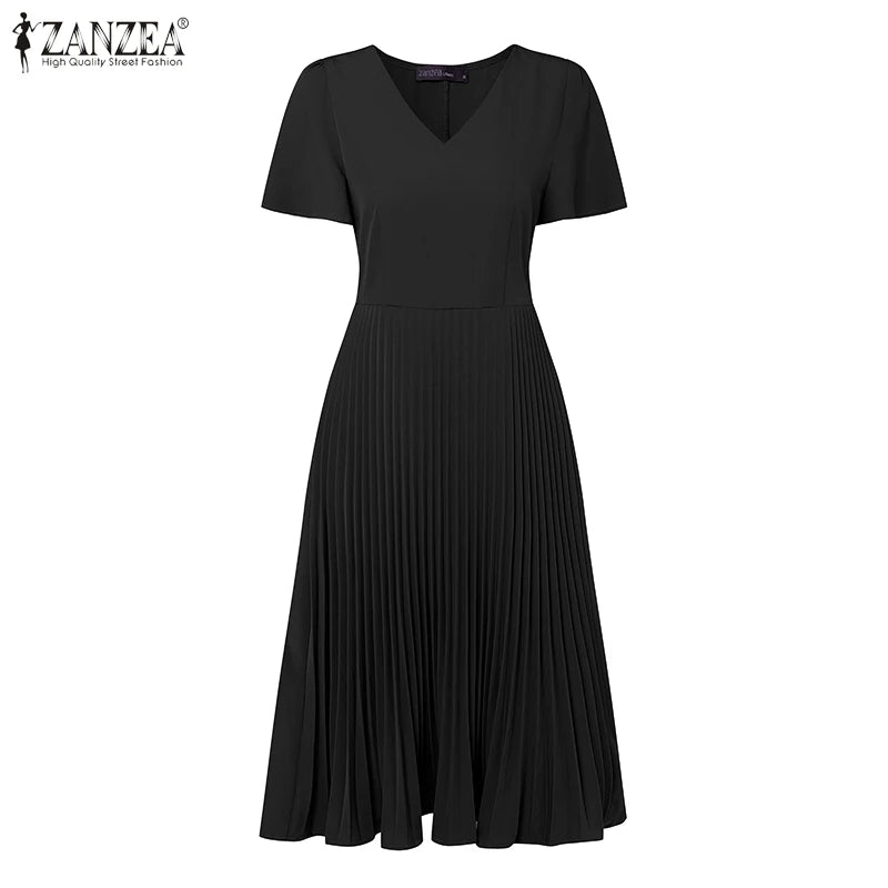 Elegant V Neck Office Work Dresses ZANZEA Women 2025 Summer Dress Solid Pleated Sundress Short Sleeve A Line Party Vestidos Robe