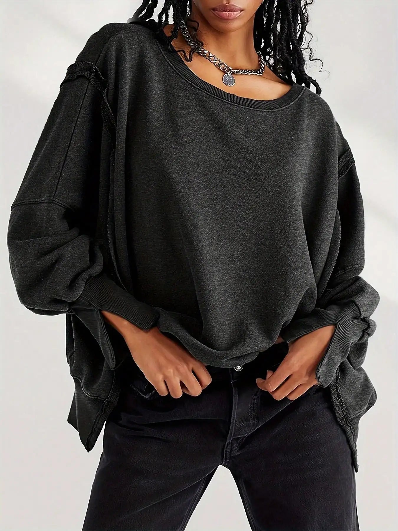 Women Spring Autumn Long Sleeve Loose Tops Crew Neck Striped Side Slits Shirt Casual Pullover Sweatshirt Tops