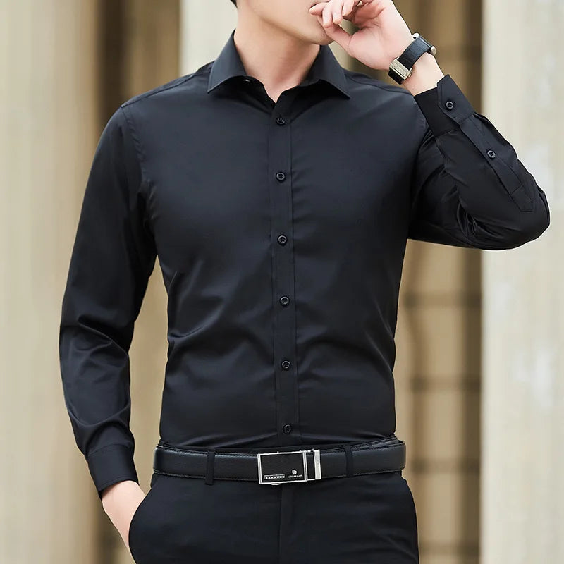 Men’s Solid Color Slim Fit Long Sleeve Business Casual Formal Shirt No Iron