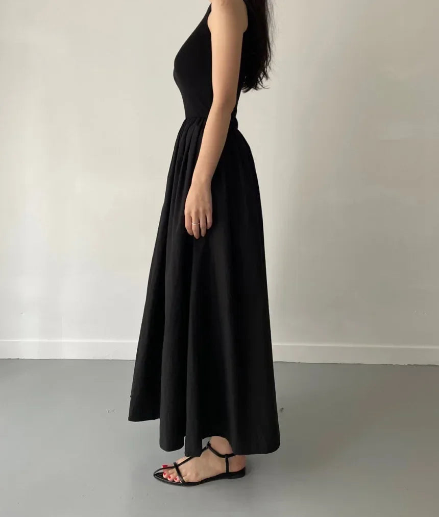 Women Black Long Dress Sleeveless Round Neck Elegant Style