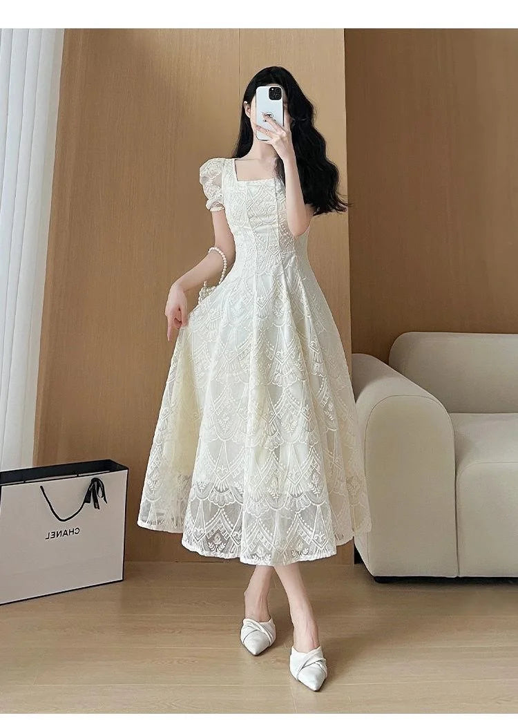 Women's Plus Size A-Line Summer Dress - Lace Hollow Out, Square Neck, Waist Cinched