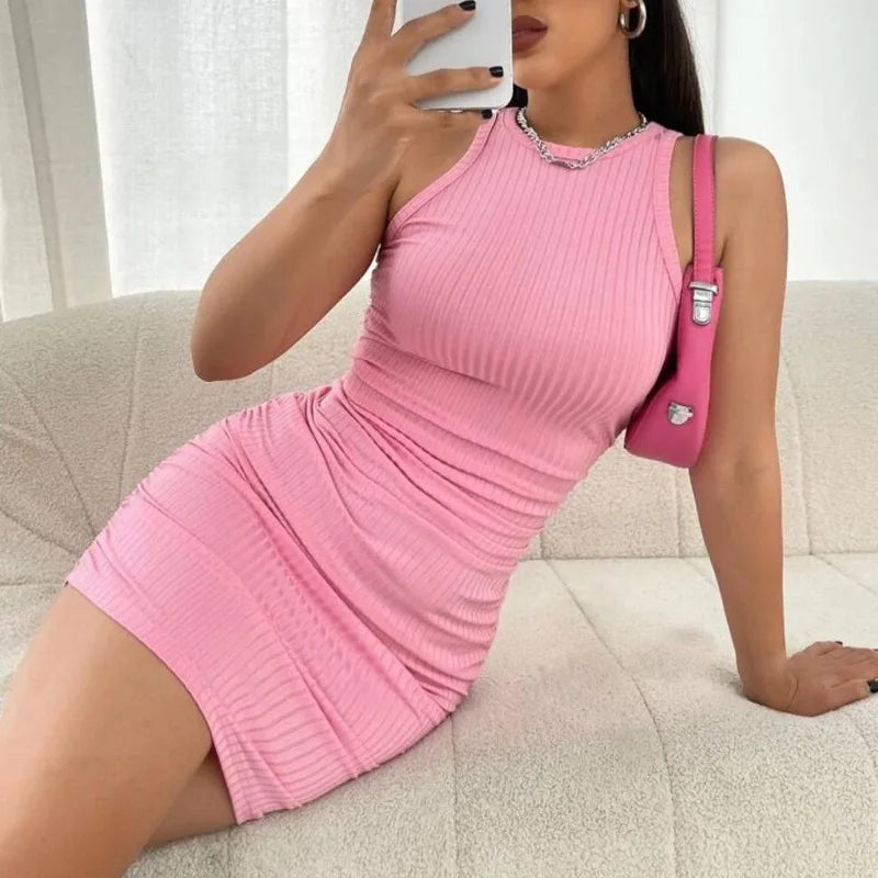 Women Bodycon Mini Dress Sleeveless Slim Fit Solid Color
