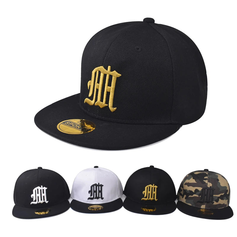 Youth Hip Hop Cap - Solid HH Embroidery Flat Brim Fitted Hat for Trendy Style