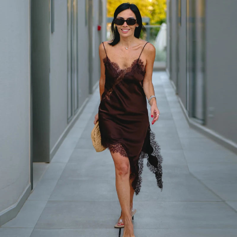 Women Asymmetric Lace Slip Dress Sleeveless Mini