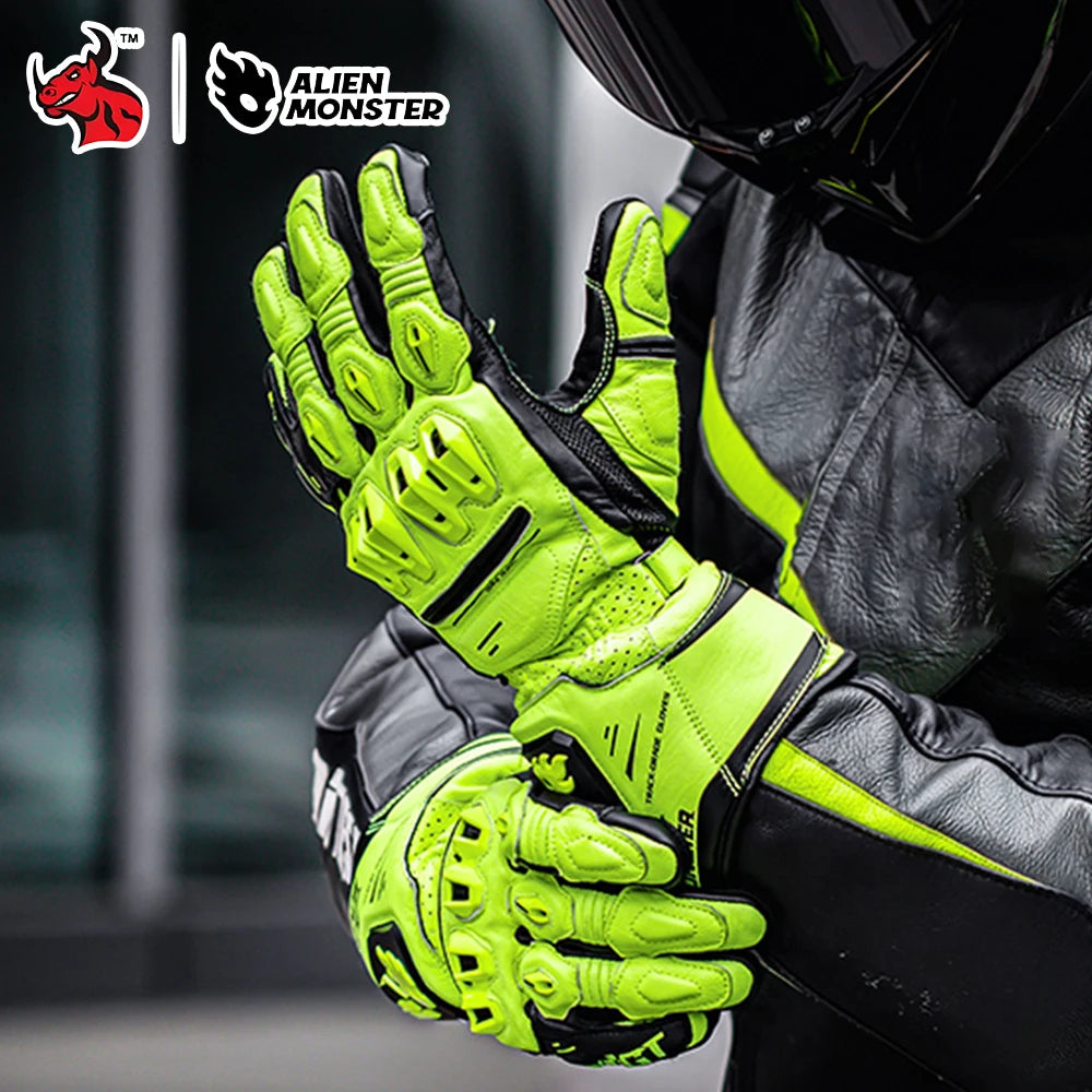 Motorcycle Gloves Full Finger Genuine Leather Long Abrasion-Resistant Riding Gloves with Knuckle Wrist Protection