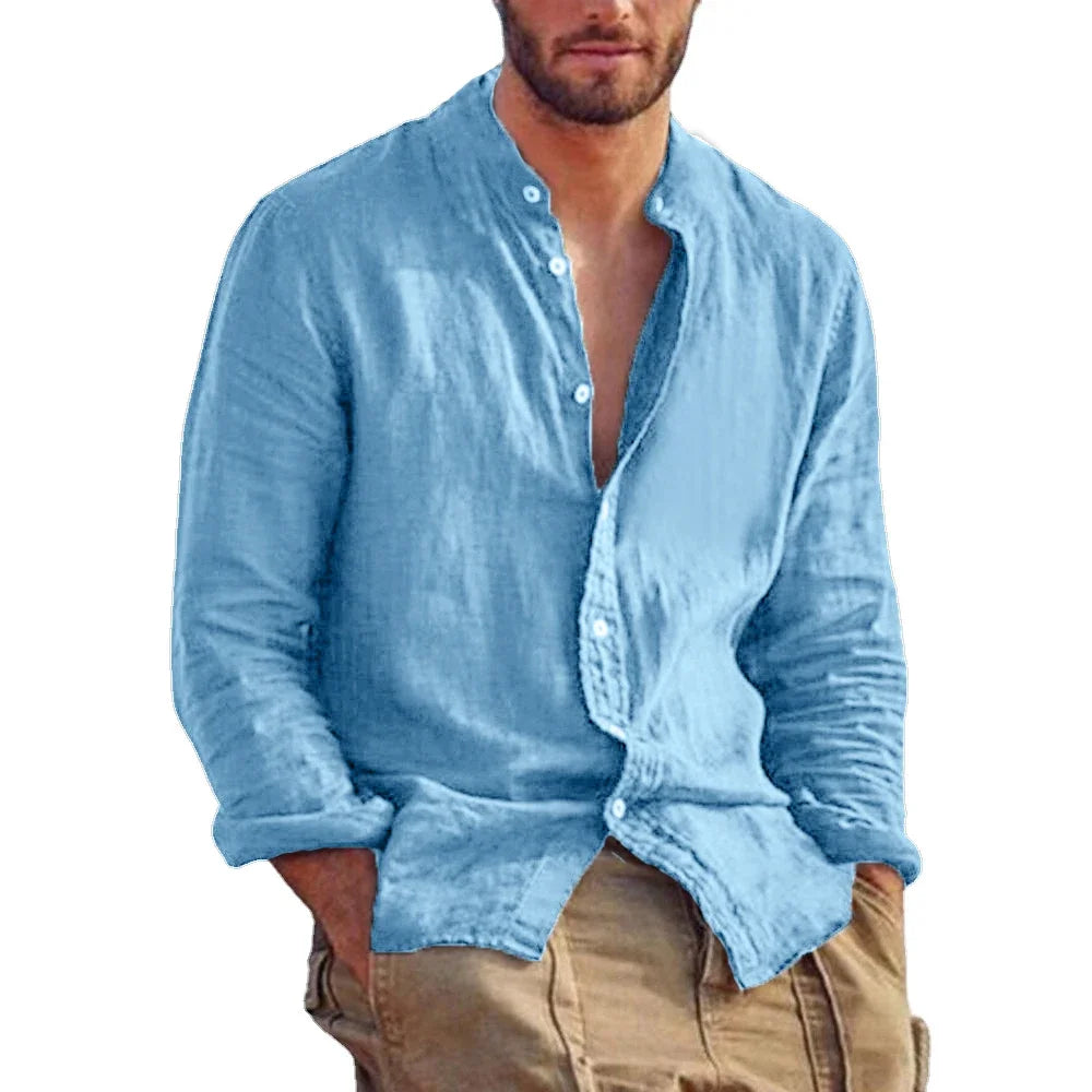 Men’s Linen Long Sleeve Shirt Solid Color Stand Collar Casual Lightweight Breathable Top