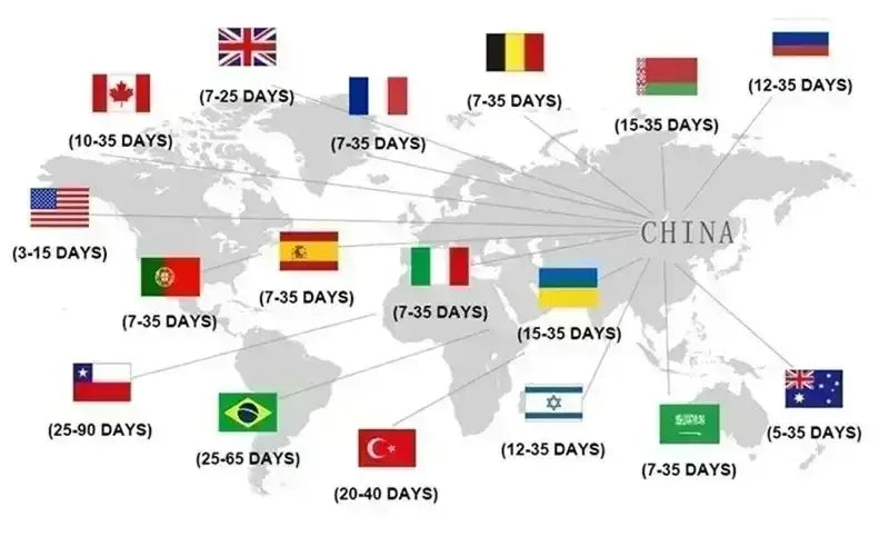 World map showing shipping times from China to various countries, with days mentioned for each location.