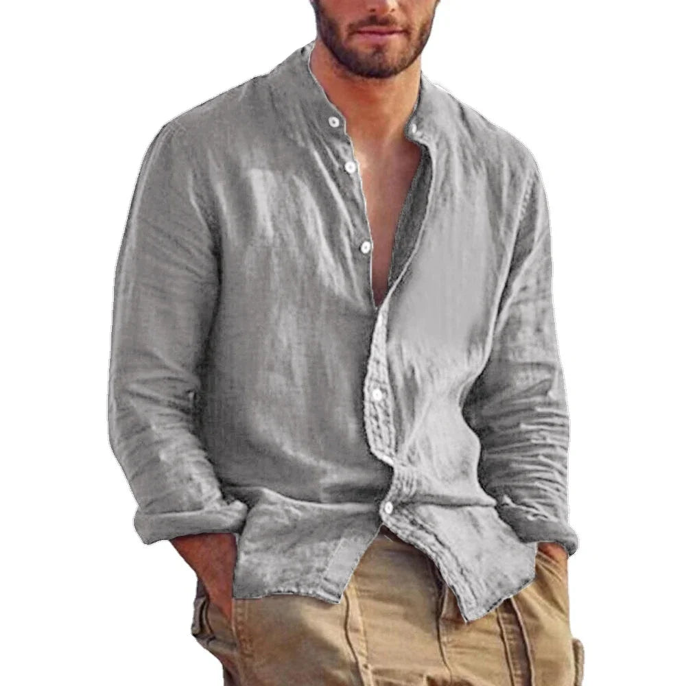 Men’s Linen Long Sleeve Shirt Solid Color Stand Collar Casual Lightweight Breathable Top