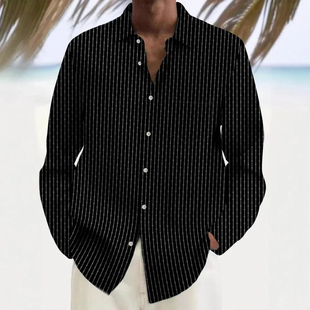 Men’s Hawaiian Button-Up Shirt Printed Stripe Long Sleeve Casual Shirt