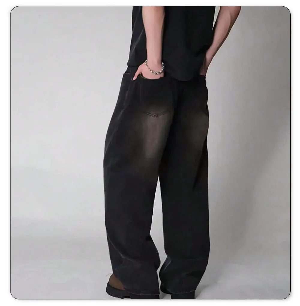 Mens Straight Loose Wide Leg Baggy Jeans Black Gray Blue Casual Pants