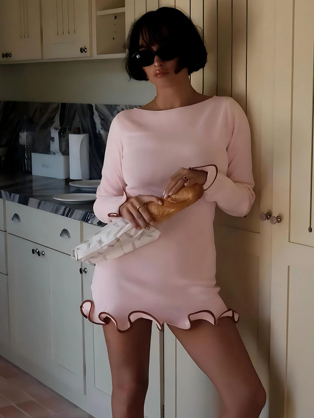 Dulzura Women's Ruffle Patchwork Bodycon Mini Dress - Long Sleeve O-Neck Sexy Party Outfit