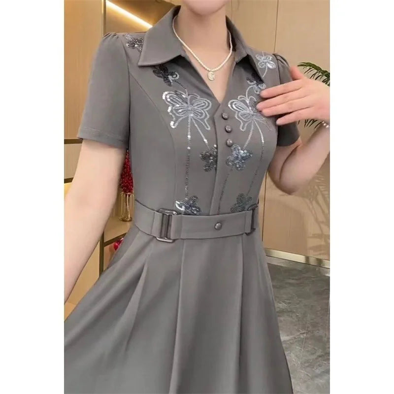 Women Western Style Dress Summer Spring New Fashion High-end Sequin Long Dresses Middle Aged Mother Elegant Slim Vestidos Mujer