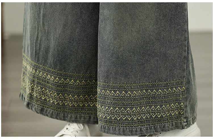 Jeans Women 2025 Autumn New Jeans Retro Heavy Industry Embroidery Ethnic Style Elastic Waist Casual Oversized Wide Leg Pants - trendingshoping.com