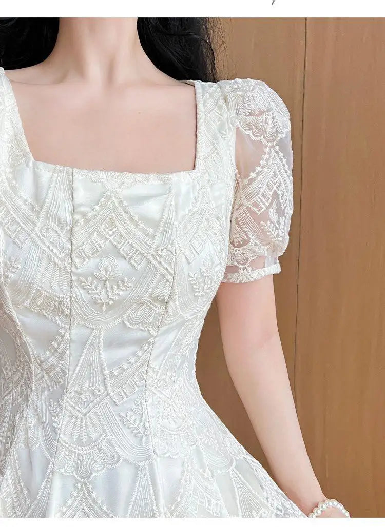 Women's Plus Size A-Line Summer Dress - Lace Hollow Out, Square Neck, Waist Cinched