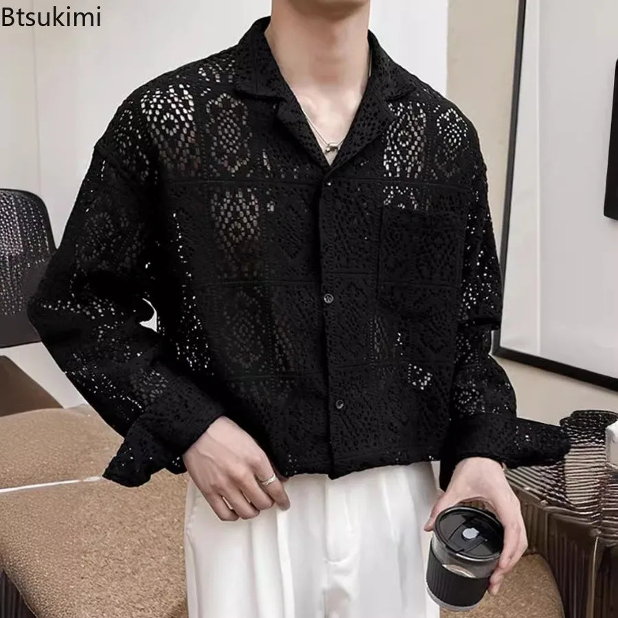 Fashion Hollow Out Shirts for Men Transparent Mesh Lace Long Sleeve Shirts Retro Elegant Breathable Tops Male Streetwear Popular