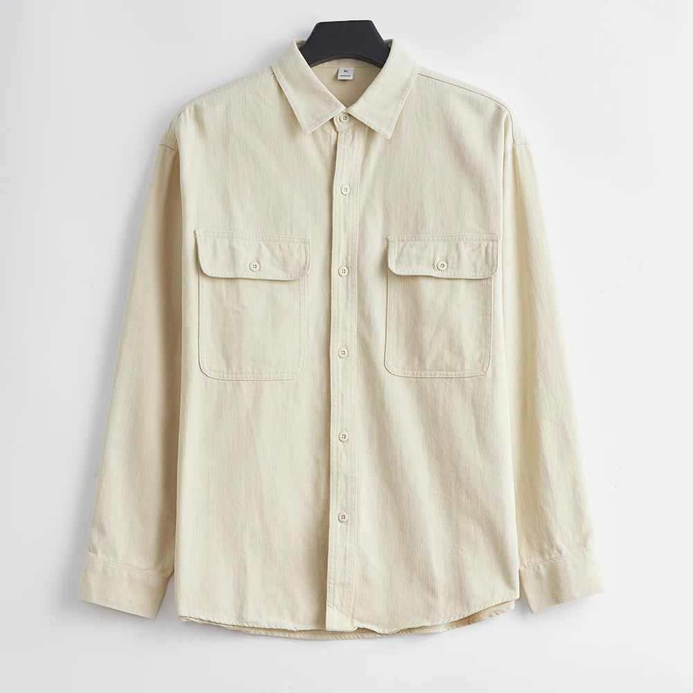 Men's Workwear Shirt – 100% Cotton Long Sleeve Vintage Style with Pockets, 2025 Spring & Autumn Casual Jacket Top