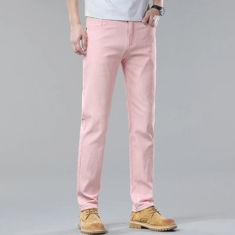 White Jeans Mens Fashion Straight Elastic Cotton Denim Pants Spring Autumn Business Casual Trousers