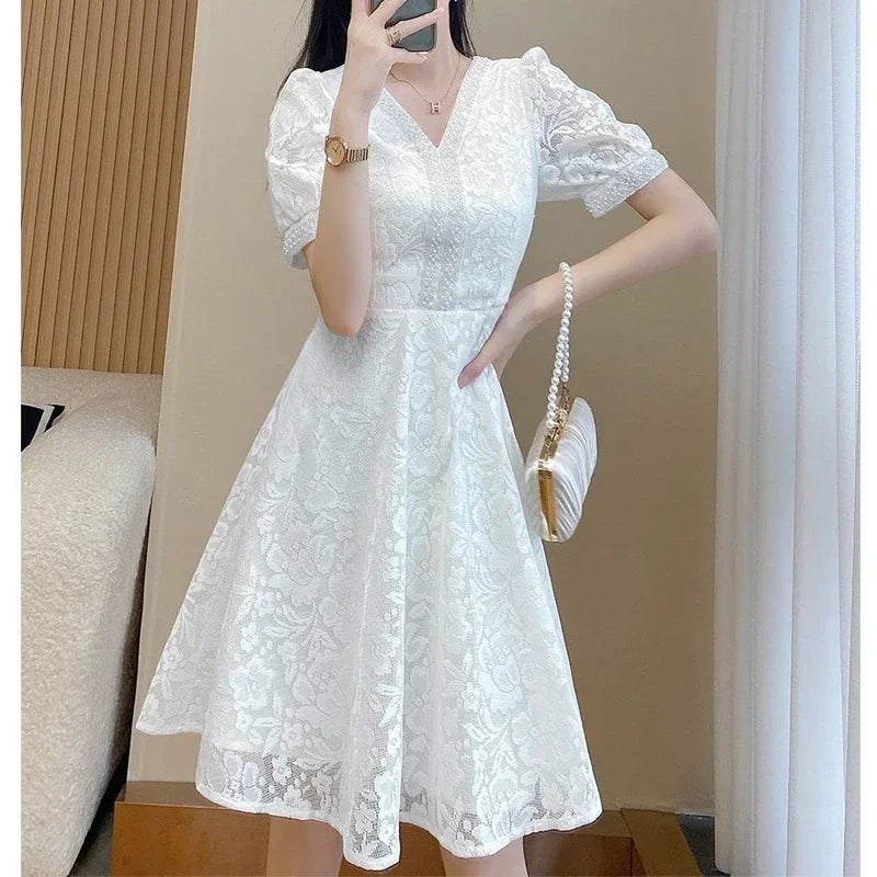 Women's Elegant White Sequin & Beaded Midi Dress - V-Neck Lace Party Dress