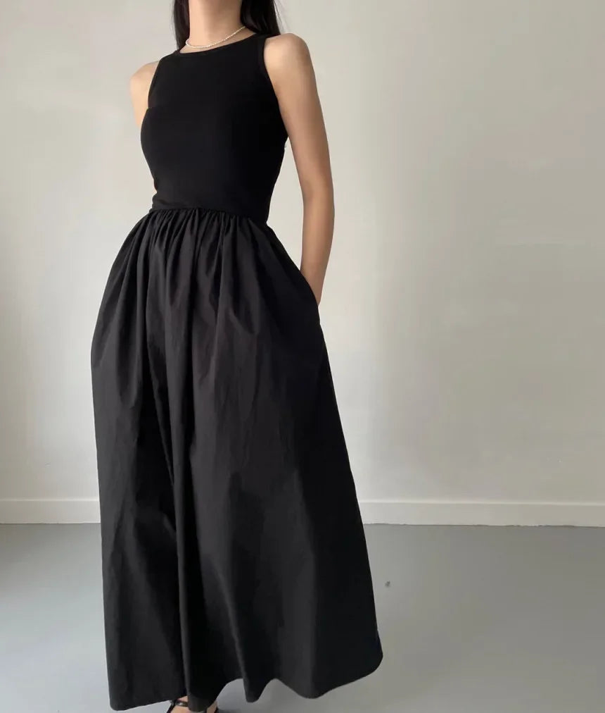 Women Black Long Dress Sleeveless Round Neck Elegant Style
